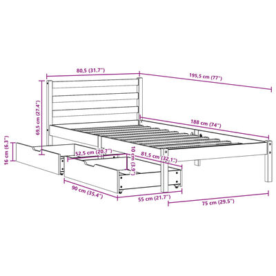 vidaXL Letto senza Materasso Bianco 75x190 in Legno Massello di Pino