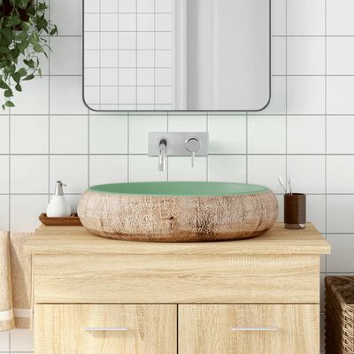 vidaXL Lavabo da Appoggio Verde e Marrone Ovale 59x40x15 cm Ceramica