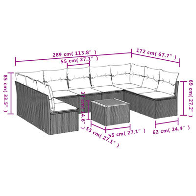 vidaXL Set Divani da Giardino 10pz con Cuscini in Polyrattan Nero