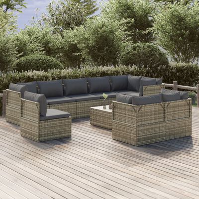 vidaXL Set Divani da Giardino 10 pz con Cuscini in Polyrattan Grigio