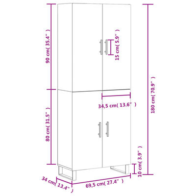 vidaXL Credenza Grigio Cemento 69,5x34x180 cm in Legno Multistrato