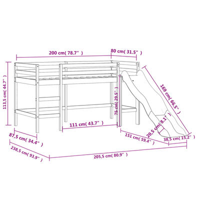 vidaXL Letto a Soppalco con Tende Bambini Rosa 80x200 cm Massello Pino