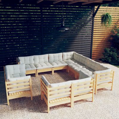 vidaXL Set Divani da Giardino 11 pz con Cuscini Crema in Massello di Pino