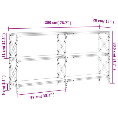 vidaXL Tavolo Consolle Grigio Sonoma 200x28x80,5 cm Legno Multistrato