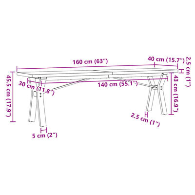 vidaXL Tavolino Salotto Telaio a Y 160x40x45,5 cm Legno Pino e Acciaio