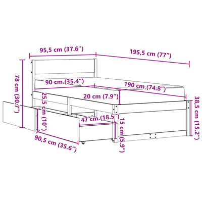 vidaXL Letto Cassetti e Materasso Bianco 90x190 cm Legno Massello Pino