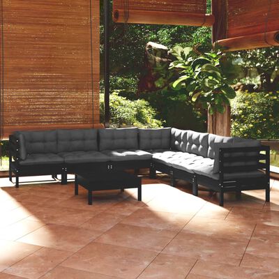 vidaXL Set Divani da Giardino 8 pz con Cuscini Neri Legno di Pino