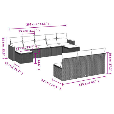 vidaXL Set Divano da Giardino 10 pz con Cuscini Grigio in Polyrattan