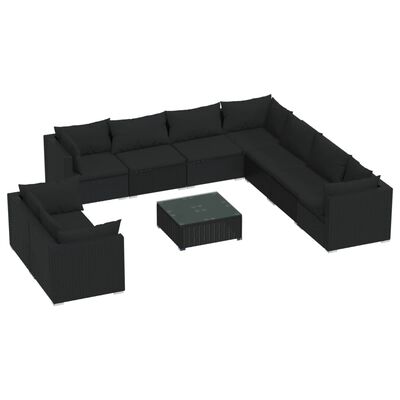 vidaXL Set Salotto da Giardino 10pz con Cuscini in Polyrattan Nero