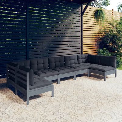 vidaXL Set Divani da Giardino 7 pz con Cuscini Grigi in Legno di Pino