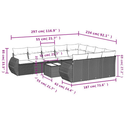 vidaXL Set Divani da Giardino 11 pz con Cuscini in Polyrattan Nero