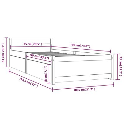 vidaXL Giroletto Bianco con Cassetti 75x190 cm Small Single