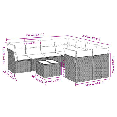 vidaXL Set Divani da Giardino 9 pz con Cuscini Nero in Polyrattan