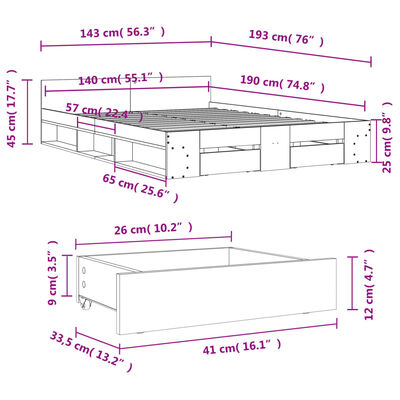 vidaXL Giroletto con Cassetti Rovere Fumo 140x190 cm Legno Multistrato