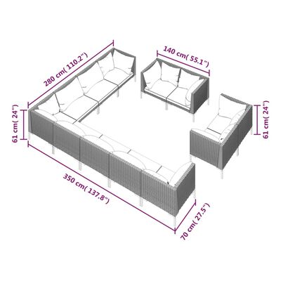 vidaXL Divani da Giardino 12 pz con Cuscini in Polyrattan Grigio Scuro