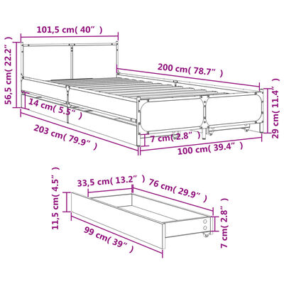 vidaXL Giroletto con Cassetti Rovere Fumo 100x200 cm Legno Multistrato