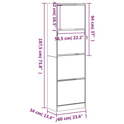 vidaXL Scarpiera con 4 Cassetti Ribaltabili Nera 60x34x187,5 cm