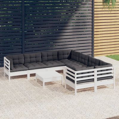 vidaXL Set Divani da Giardino 9 pz con Cuscini Bianchi in Legno Pino