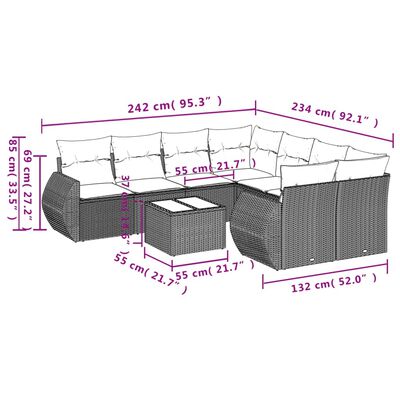 vidaXL Set Divano da Giardino 9 pz con Cuscini Grigio in Polyrattan