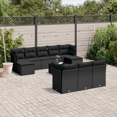 vidaXL Set Divani da Giardino 11 pz con Cuscini in Polyrattan Nero