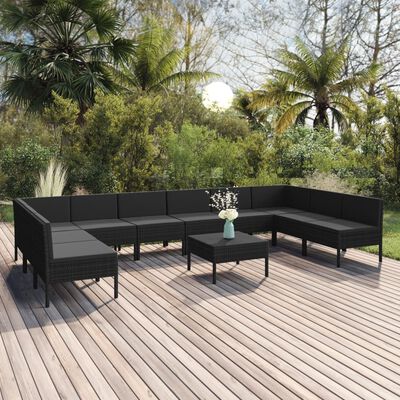 vidaXL Set Divani da Giardino 11 pz con Cuscini in Polyrattan Nero