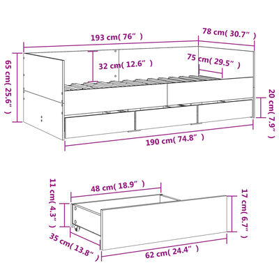 vidaXL Divano Letto con Cassetti senza Materasso Rovere Fumo 75x190 cm