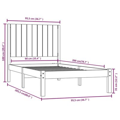 vidaXL Giroletto Grigio in Legno Massello di Pino 90x200 cm