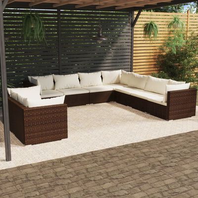 vidaXL Set Divani da Giardino 9 pz con Cuscini in Polyrattan Marrone