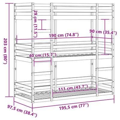 vidaXL Letto a Castello Triplo 90x190 cm in Legno Massello di Pino