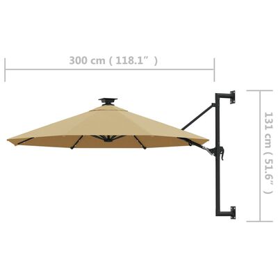 vidaXL Ombrellone da Giardino a Parete con LED 300 cm Tortora