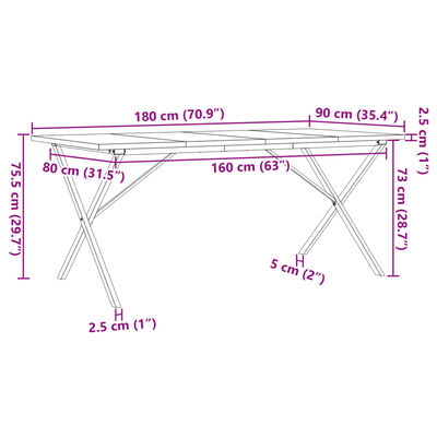 vidaXL Tavolo da Pranzo Telaio a X 180x90x75,5 cm Legno Pino e Acciaio