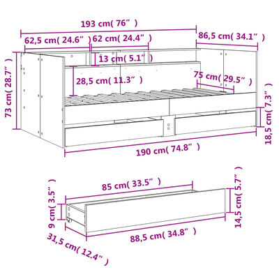 vidaXL Divano Letto con Cassetti senza Materasso Rovere Fumo 75x190 cm