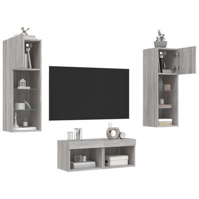 vidaXL Mobili TV a Muro 4pz con Luci LED Grigio Sonoma