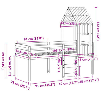 vidaXL Letto a Soppalco con Tetto 75x190 cm in Legno Massello di Pino