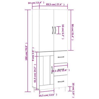 vidaXL Credenza Grigio Cemento 69,5x34x180 cm in Legno Multistrato