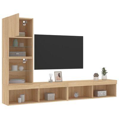 vidaXL Mobili TV a Muro con LED 4pz Rovere Sonoma Legno Multistrato