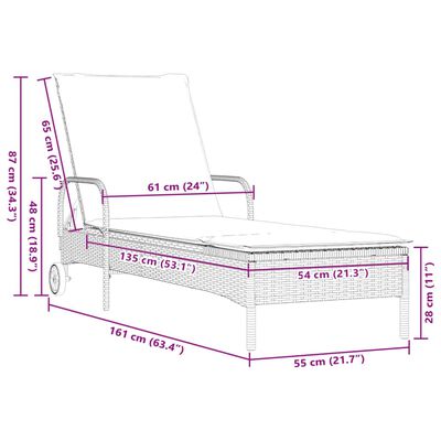 vidaXL Lettino Prendisole con Ruote e Cuscino in Polyrattan Beige