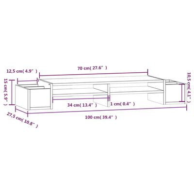 vidaXL Supporto per Monitor Grigio100x27,5x15cm Legno Massello di Pino