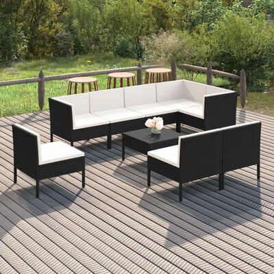 vidaXL Set Divani da Giardino 9 pz con Cuscini in Polyrattan Nero