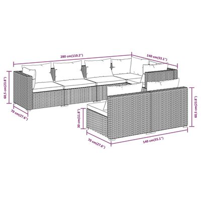 vidaXL Set Divani da Giardino 7 pz con Cuscini in Polyrattan Marrone