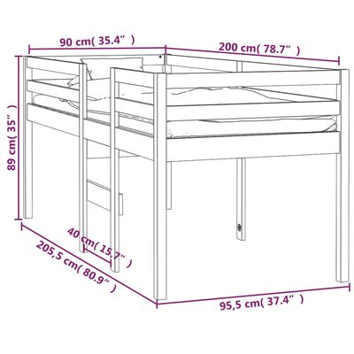 vidaXL Letto a Soppalco 90x200 cm in Legno Massello di Pino