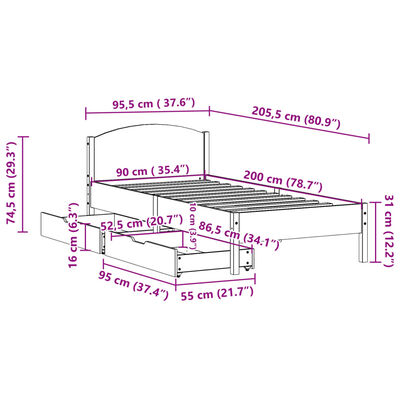 vidaXL Letto senza Materasso Bianco 90x200 cm Legno Massello di Pino