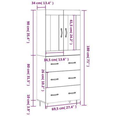 vidaXL Credenza Rovere Fumo 69,5x34x180 cm in Legno Multistrato