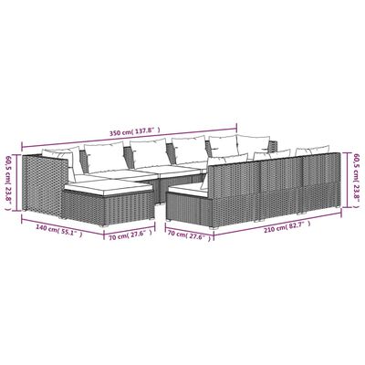 vidaXL Set Divani da Giardino 10 pz con Cuscini in Polyrattan Marrone