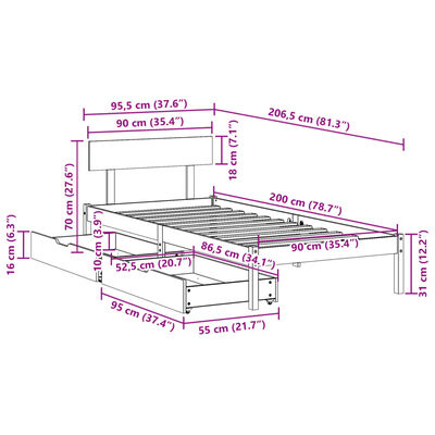 vidaXL Letto senza Materasso Bianco 90x200 cm Legno Massello di Pino