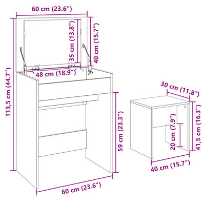 vidaXL Toeletta e Sgabello Bianco 60x40x113,5 cm