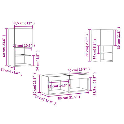 vidaXL Mobili TV a Muro 4pz con Luci LED Bianchi