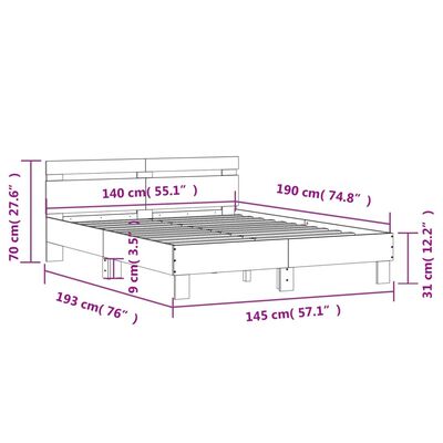 vidaXL Giroletto con Testiera Rovere Fumo 140x190 cm Legno Multistrato