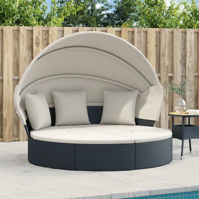 vidaXL Lettino Prendisole Esterno Tetto e Cuscini Nero in Polyrattan