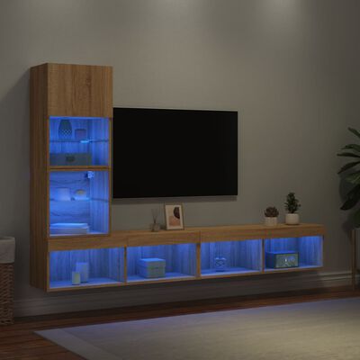 vidaXL Mobili TV a Muro con LED 4pz Rovere Sonoma Legno Multistrato